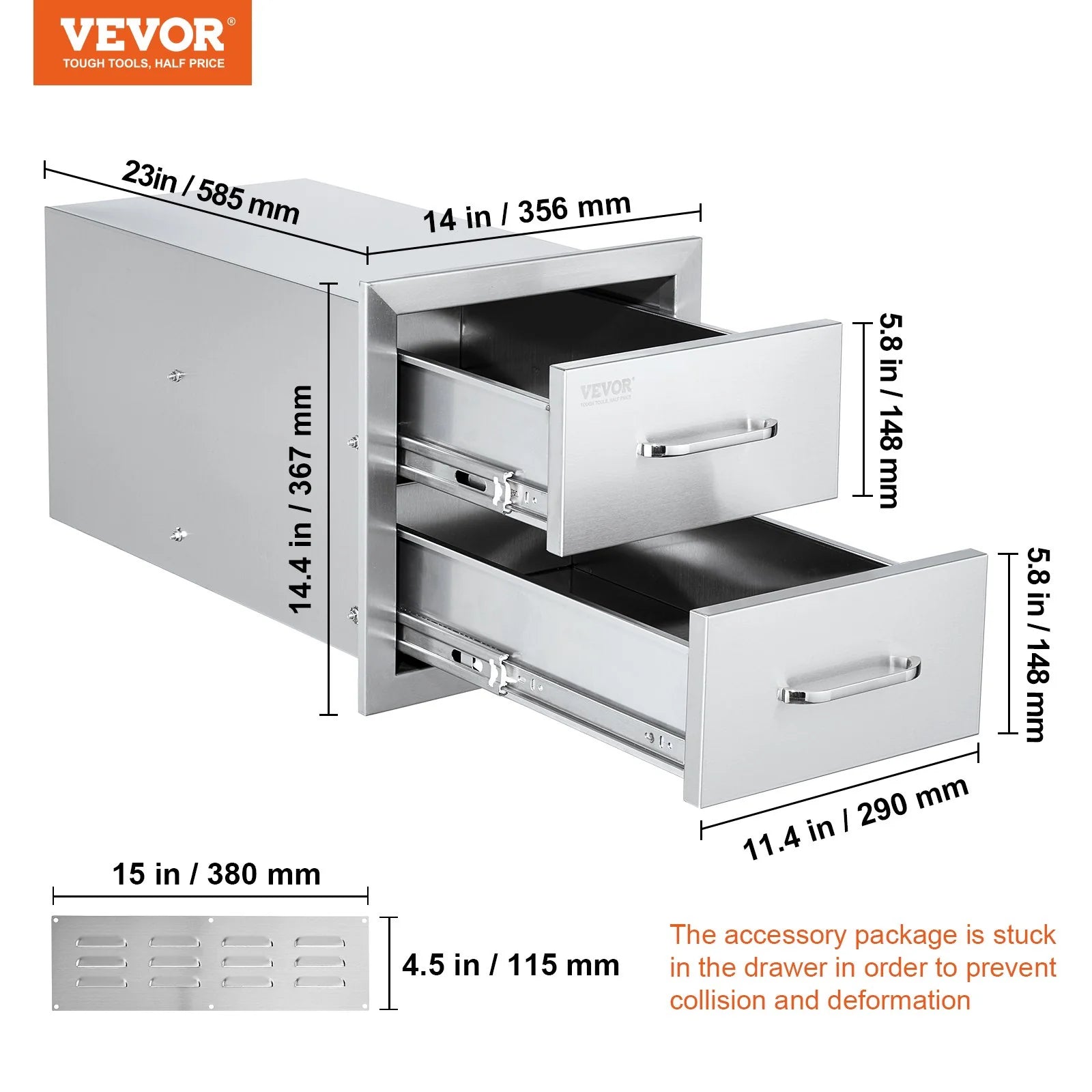 VEVOR Outdoor Kitchen Drawers 14W X 14.3H X 23D Inch, Flush Mount Double BBQ Drawers Stainless Steel with Handle, BBQ Island Drawers for Outdoor Kitchens or Grill Station