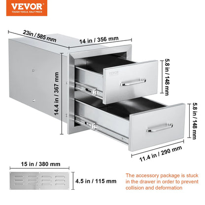 VEVOR Outdoor Kitchen Drawers 14W X 14.3H X 23D Inch, Flush Mount Double BBQ Drawers Stainless Steel with Handle, BBQ Island Drawers for Outdoor Kitchens or Grill Station