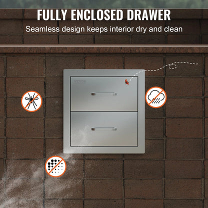 VEVOR Outdoor Kitchen Drawers 14W X 14.3H X 23D Inch, Flush Mount Double BBQ Drawers Stainless Steel with Handle, BBQ Island Drawers for Outdoor Kitchens or Grill Station