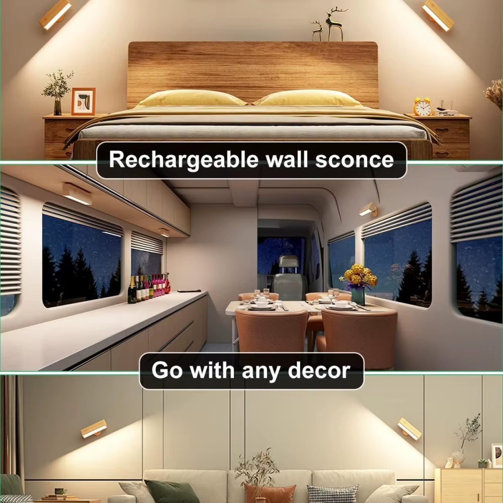 Rechargeable LED Wall Sconce – Cordless Wooden Light for Cozy Modern Spaces