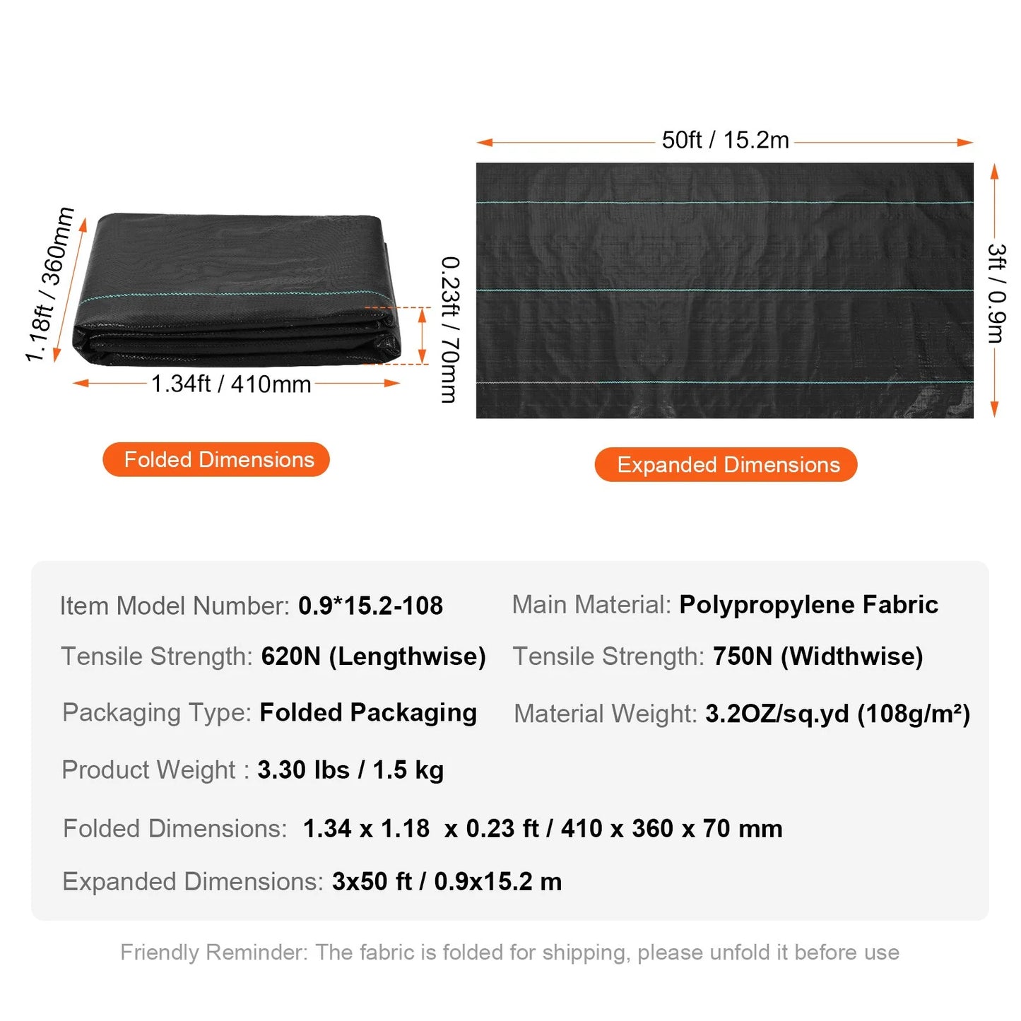 VEVOR 3Ftx50Ft Premium Heavy Duty Weed Barrier Landscape Fabric, 3.2OZ Woven Geotextile Fabric under Gravel, High Permeability for Weed Blocker Weed Mat, Driveway Fabric, Weed Control Garden Cloth