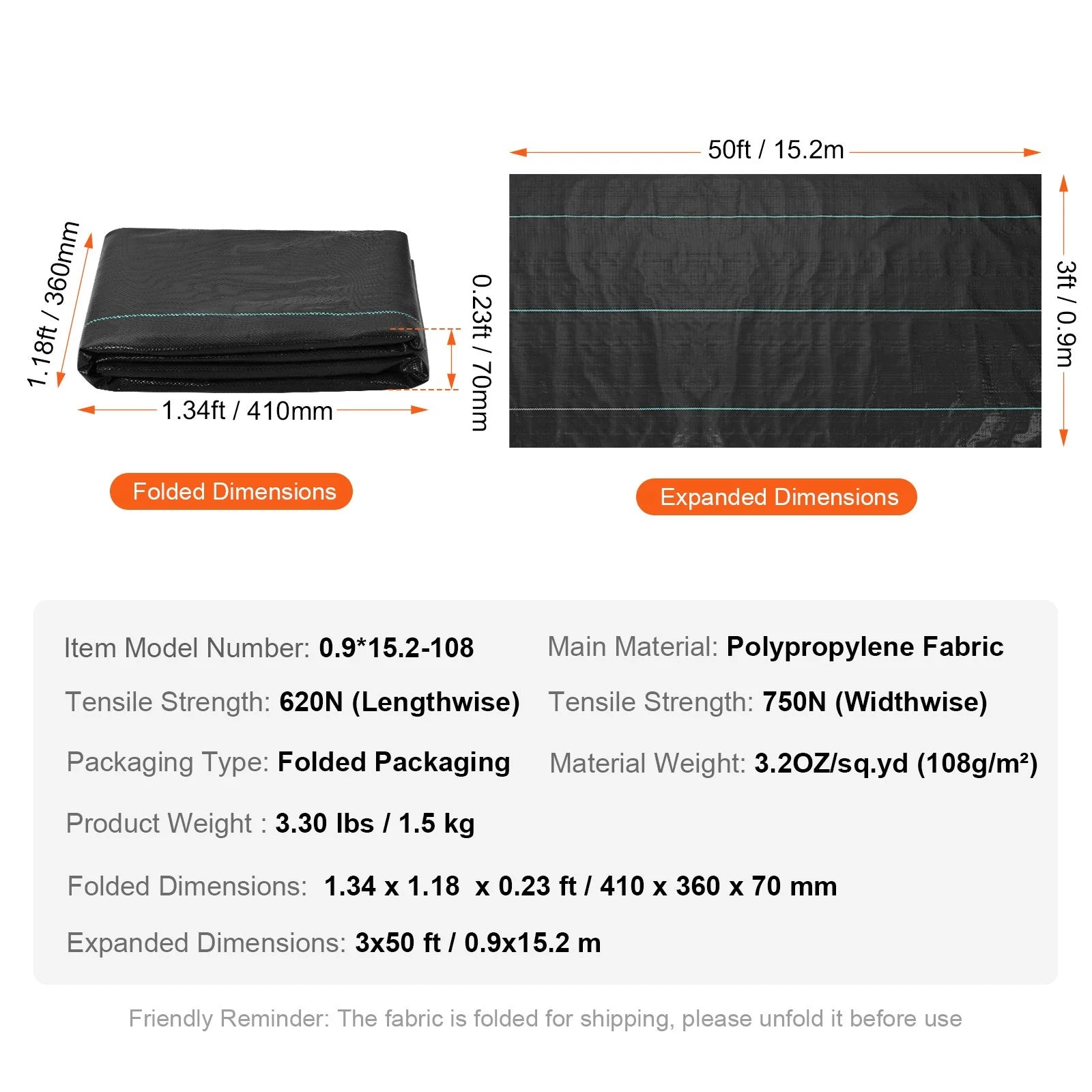 VEVOR 3Ftx50Ft Premium Heavy Duty Weed Barrier Landscape Fabric, 3.2OZ Woven Geotextile Fabric under Gravel, High Permeability for Weed Blocker Weed Mat, Driveway Fabric, Weed Control Garden Cloth