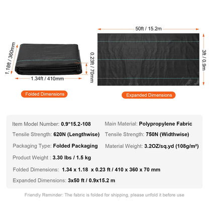VEVOR 3Ftx50Ft Premium Heavy Duty Weed Barrier Landscape Fabric, 3.2OZ Woven Geotextile Fabric under Gravel, High Permeability for Weed Blocker Weed Mat, Driveway Fabric, Weed Control Garden Cloth