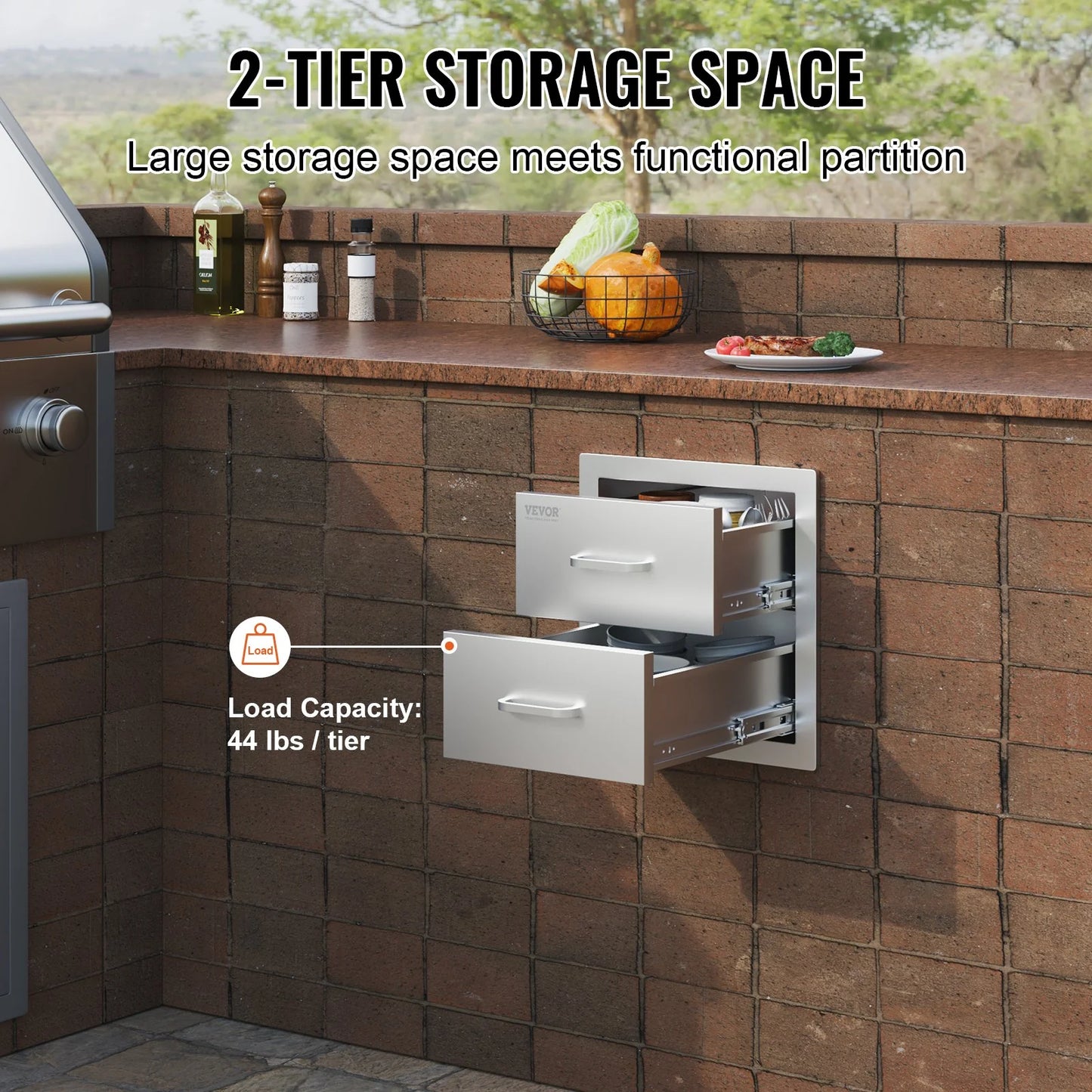 VEVOR Outdoor Kitchen Drawers 14W X 14.3H X 23D Inch, Flush Mount Double BBQ Drawers Stainless Steel with Handle, BBQ Island Drawers for Outdoor Kitchens or Grill Station