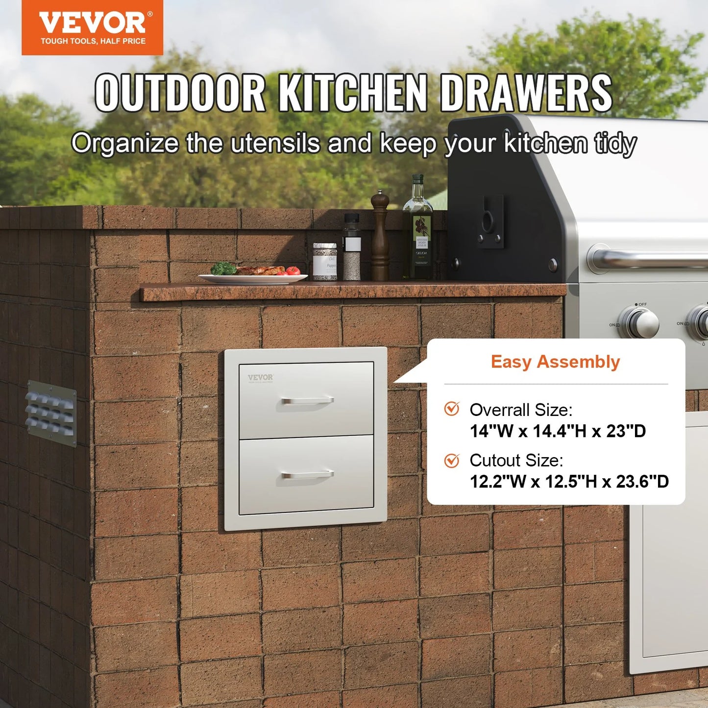 VEVOR Outdoor Kitchen Drawers 14W X 14.3H X 23D Inch, Flush Mount Double BBQ Drawers Stainless Steel with Handle, BBQ Island Drawers for Outdoor Kitchens or Grill Station